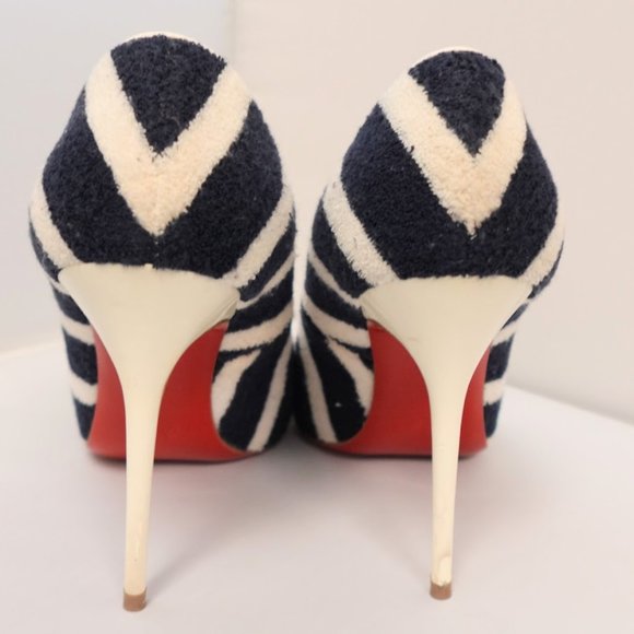 Christian Louboutin Navy Blue/White Striped Terry Fabric Decollete Spa Pumps - Picture 3 of 3